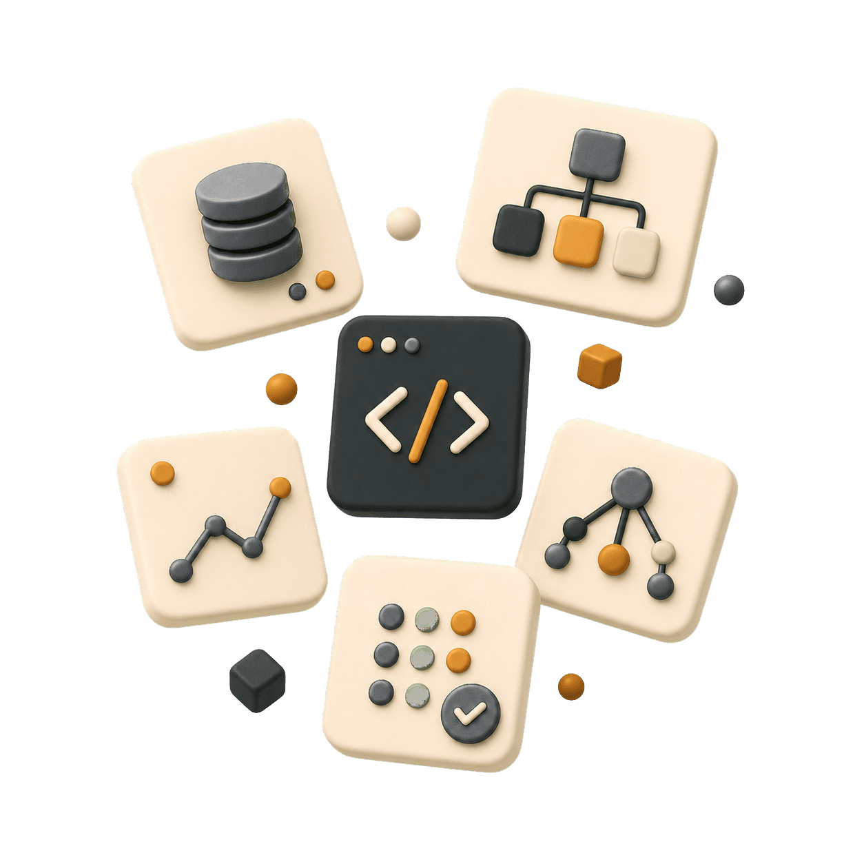 Abstract scattered practice tiles for interview disciplines.