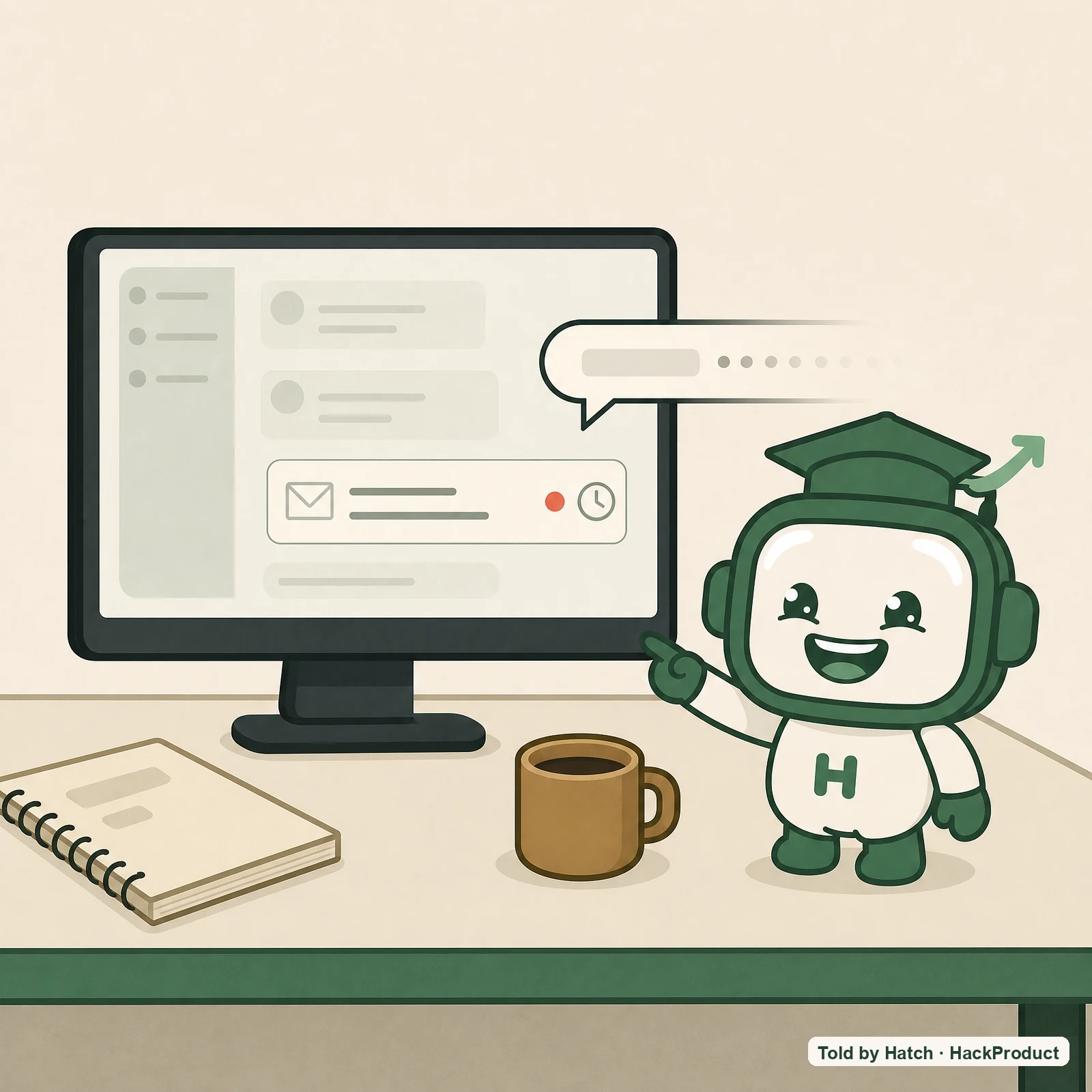 Hatch narrator illustration for Gmail Undo Send.
